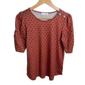 Retrology‎ Womens Polka Dot Top PS Rust Orange Button Puff Sleeve Office Casual